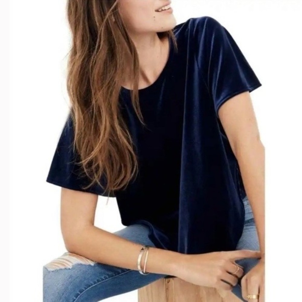 NWT Madewell Midnight Blue Velvet Flutter Sleeve Top size XXS